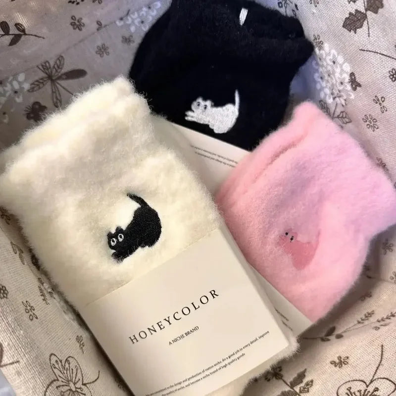 3Pairs Premium Feel Cute Cat Cozy Hairy Mink Velvet Socks Autumn Winter Hosiery Thickened Plush Warm Sleep Home Fluffy Socks Purest Peak