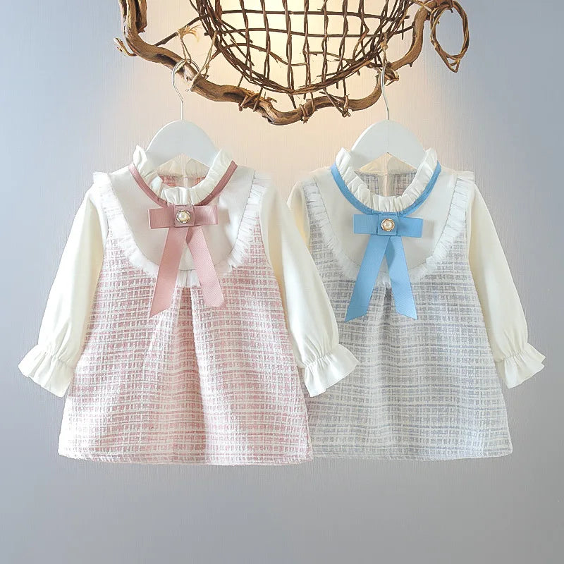 Long Sleeved Baby Girl Dress With Spring And Autumn Bow Lace Splicing Small Plaid Sweet Long Sleeved Dress Econic Blanks