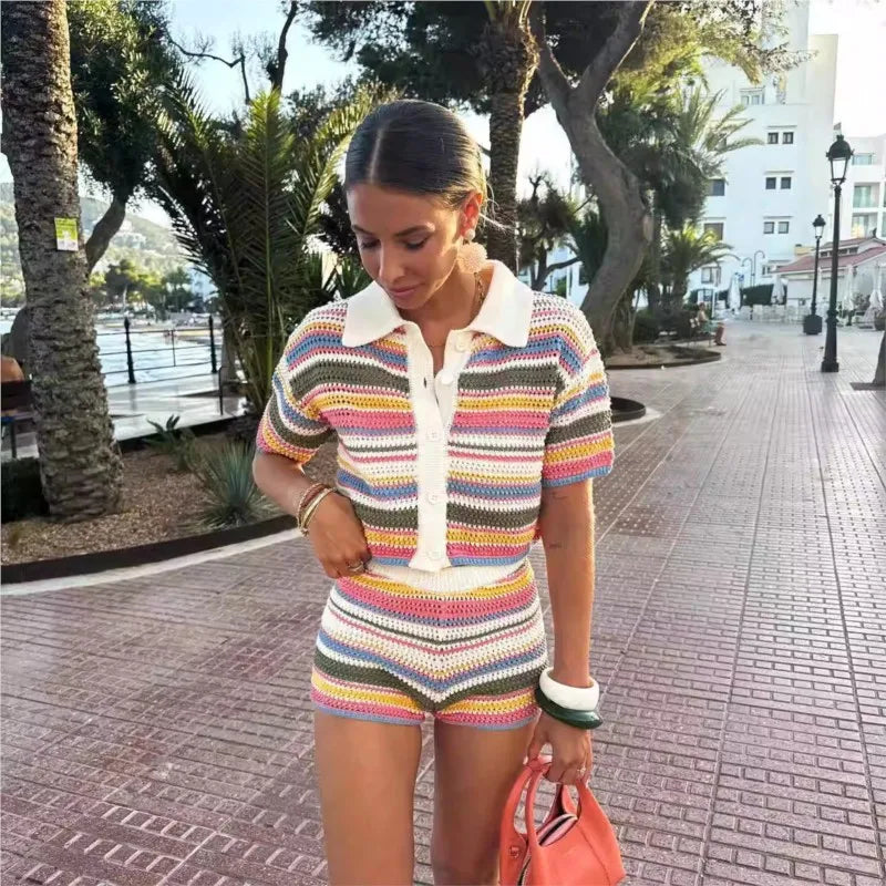 Women Patchwork Striped Hollow Out Crochet Knitted Crop Sweater Shorts Set Short Sleeve Polo Collar Sweater Knit Shorts Suit Y2K Quick Pick Grocers