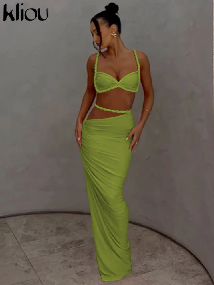 kliou Woven Sexy Women 2 Piece Set Stunning Hot Solid Pleated Crop Camisoles+High Waist Maxi Skirts Female Trend Vacation Outfit Quick Pick Grocers