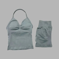 HISTELLO 2 Pieces Sports Set Women Yoga Longline Strap Top Scrunch Seamless Shorts Sport Gym Set Sportswear Workout Fitness Set Quick Pick Grocers