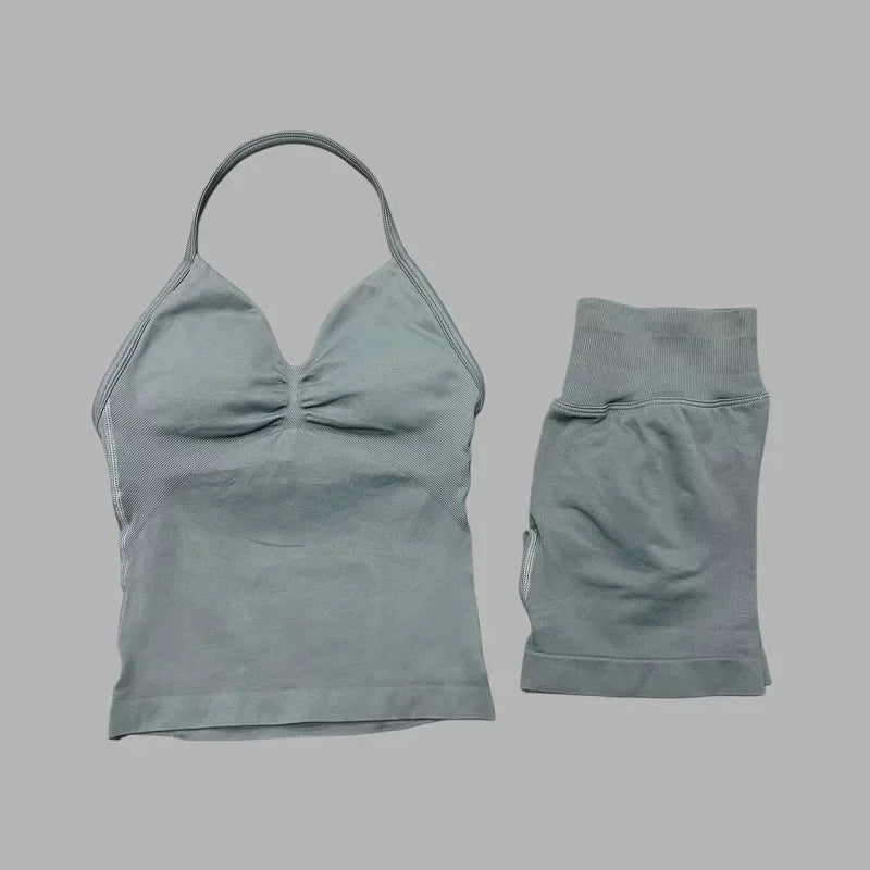 HISTELLO 2 Pieces Sports Set Women Yoga Longline Strap Top Scrunch Seamless Shorts Sport Gym Set Sportswear Workout Fitness Set Quick Pick Grocers