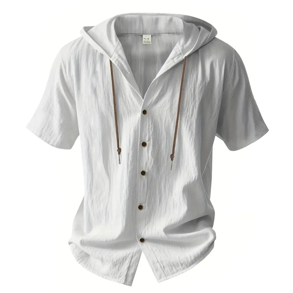 Cotton Linen Shirt for Men Hooded Short Sleeve Solid Color Breathable Lightweight Drawstring Design Shirts Casual Basic Tees Quick Pick Grocers