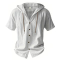 Cotton Linen Shirt for Men Hooded Short Sleeve Solid Color Breathable Lightweight Drawstring Design Shirts Casual Basic Tees Quick Pick Grocers