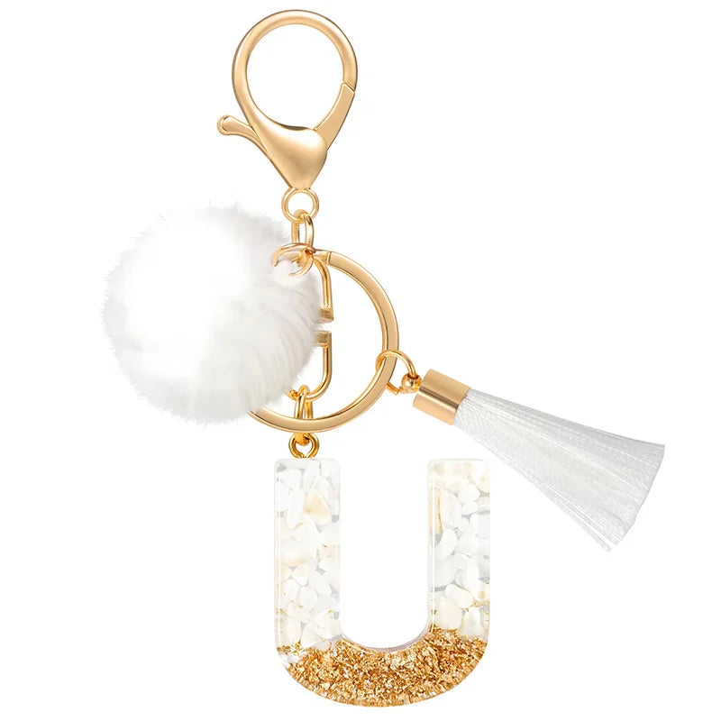 Creative Resin Initials White Fringe Fur Ball Women Keychain A-Z Letter Pendant Handbag Decor Car Key Ring Jewelry Gift Quick Pick Grocers