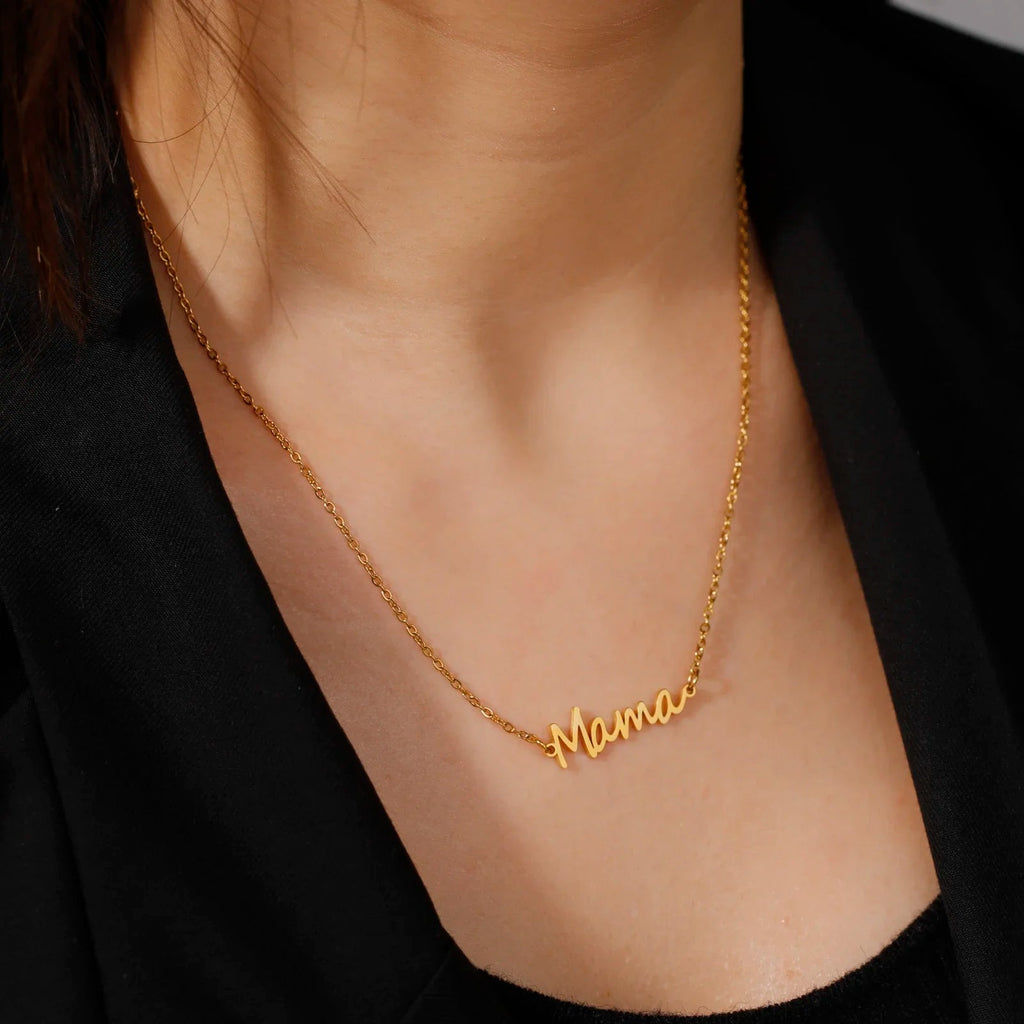Skyrim Mama Letter Pendant Necklace for Women Stainless Steel Neck Chain Choker Trendy Family Jewelry Mother's Day Gift for Mom Quick Pick Grocers