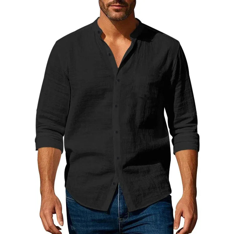 Cotton Linen Shirt for Men Henley Neck Solid Color Lightweight Breathable Slim Fit Single Breasted Shirt Long Sleeve Button Up Quick Pick Grocers