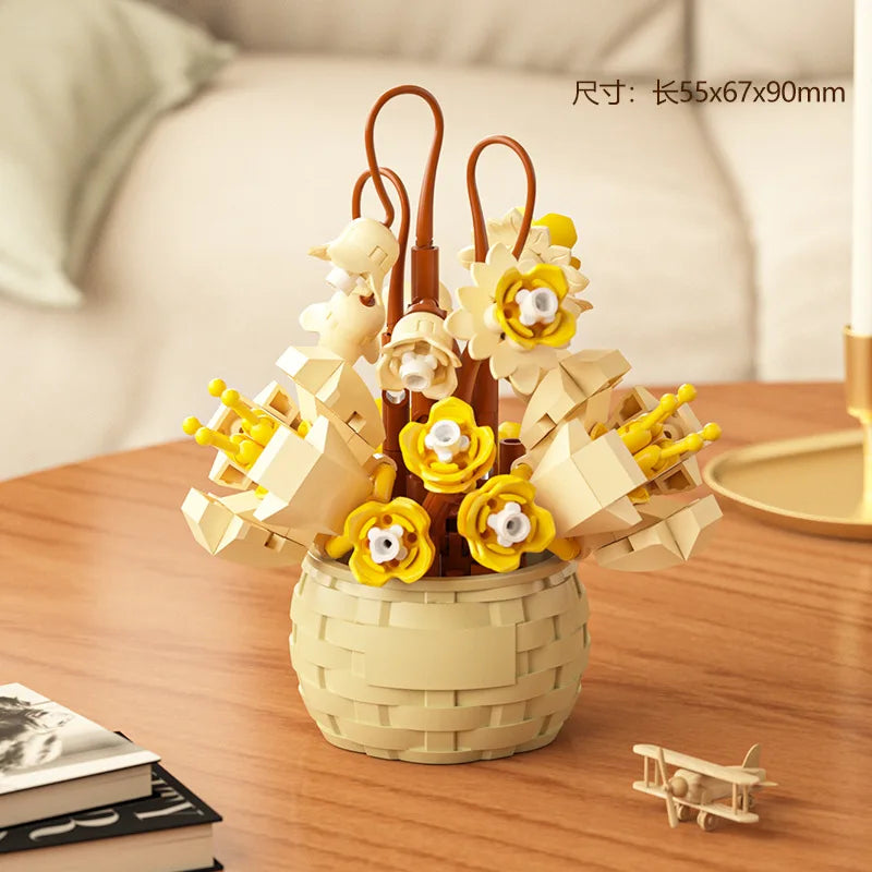 DIY MOC Potted Rose Sunflower Plants Succulents Bonsai Tree Gardens Romantic Building Blocks Model Bricks Kids Sets Kits Toys Purest Peak Salt