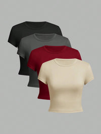 4 pieces Solid color basic short sleeved tight fitting T-shirt for women's casual summer minimalist women's style top O-neck Quick Pick Grocers