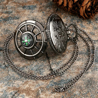 Vintage Black Compass Design Quartz Pocket Watch, With Necklace Pendant, World-Time Feature, Pointer Display Pocket Watch Quick Pick Grocers