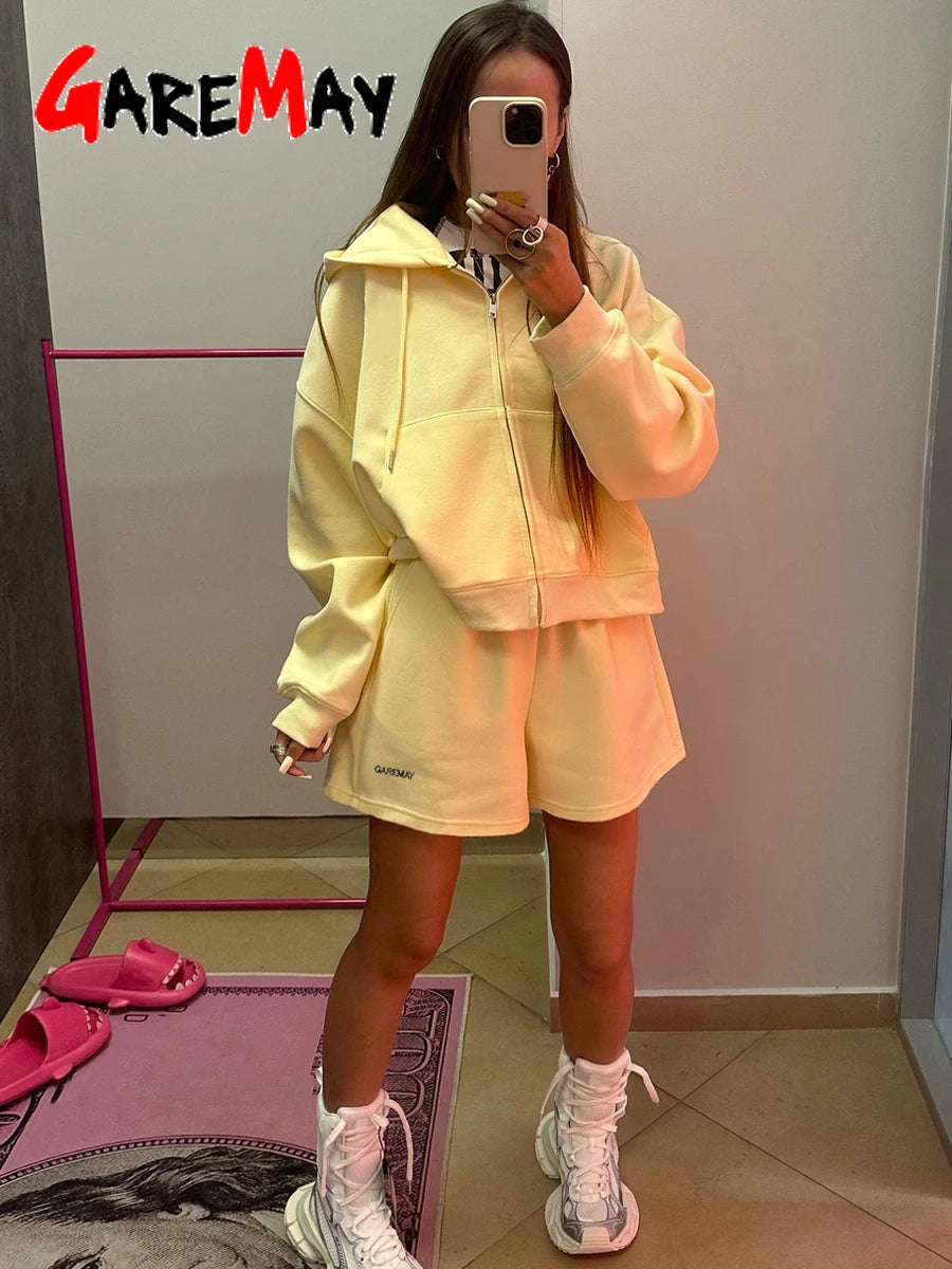 Women's Summer Tracksuit with Shorts Zipper Cotton Oversize Top and Shorts Two Piece Set Casual Sports Yellow Suit for Women Quick Pick Grocers
