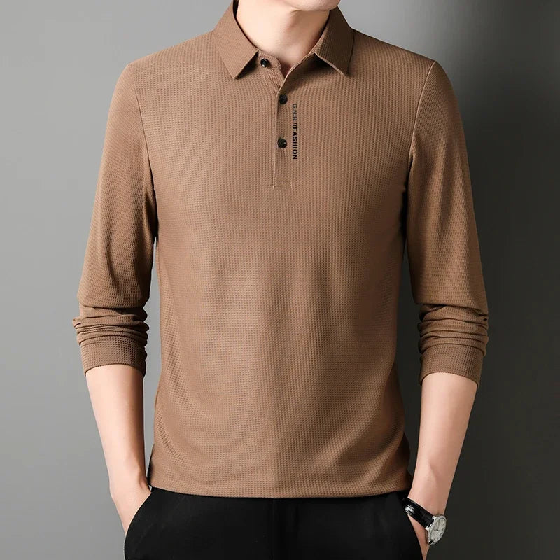 Men's Waffle Long Sleeved POLO Shirt with Letter Printed Lapel Casual Top Quick Pick Grocers