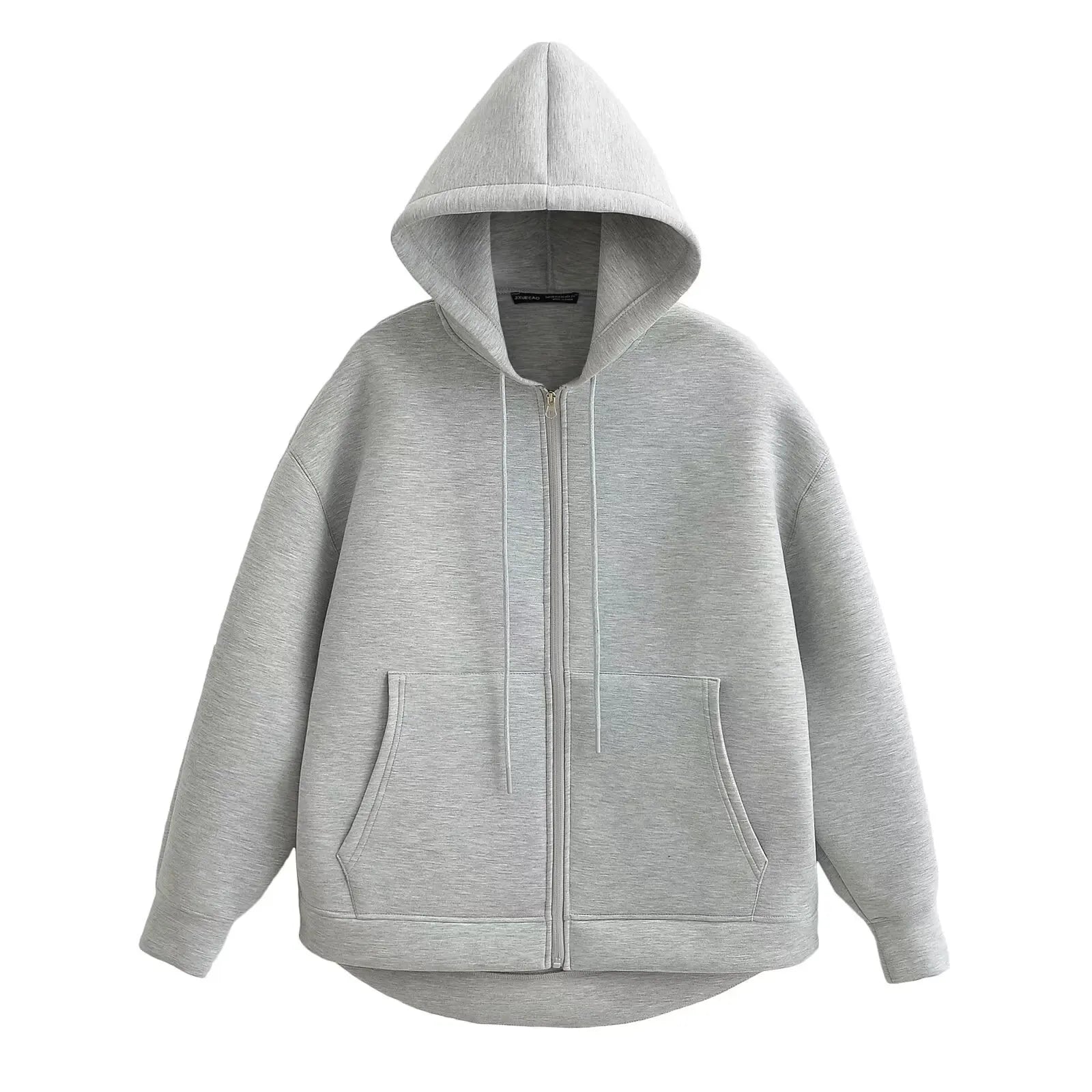 HH Autumn Women Gray Jacket With Hood Long Sleeve Big Pocket Zipper Jacket Coat Woman Loose Casual Outerwear Coat Tops Econic Blanks