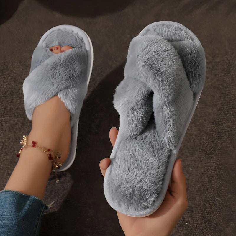 Cross Warm Fluffy Furry Slippers Women Lightweight Flat Heels Fur Slides Woman Autumn Winter Open Toe Non Slip Home Floor Shoes Purest Peak