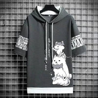Japan Fashion Men's Hoodies Summer Men Clothing Cartoon Casual Harajuku Streetwear Print Hooded Top Short Sleeve Sweatshirts Men Quick Pick Grocers