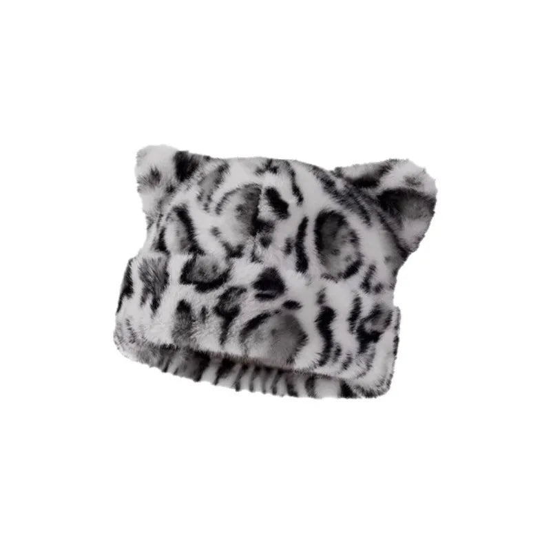 Leopard print plush teddy bear hat for women, sweet and cute, thick and warm, retro and versatile, hooded beanie. Purest Peak