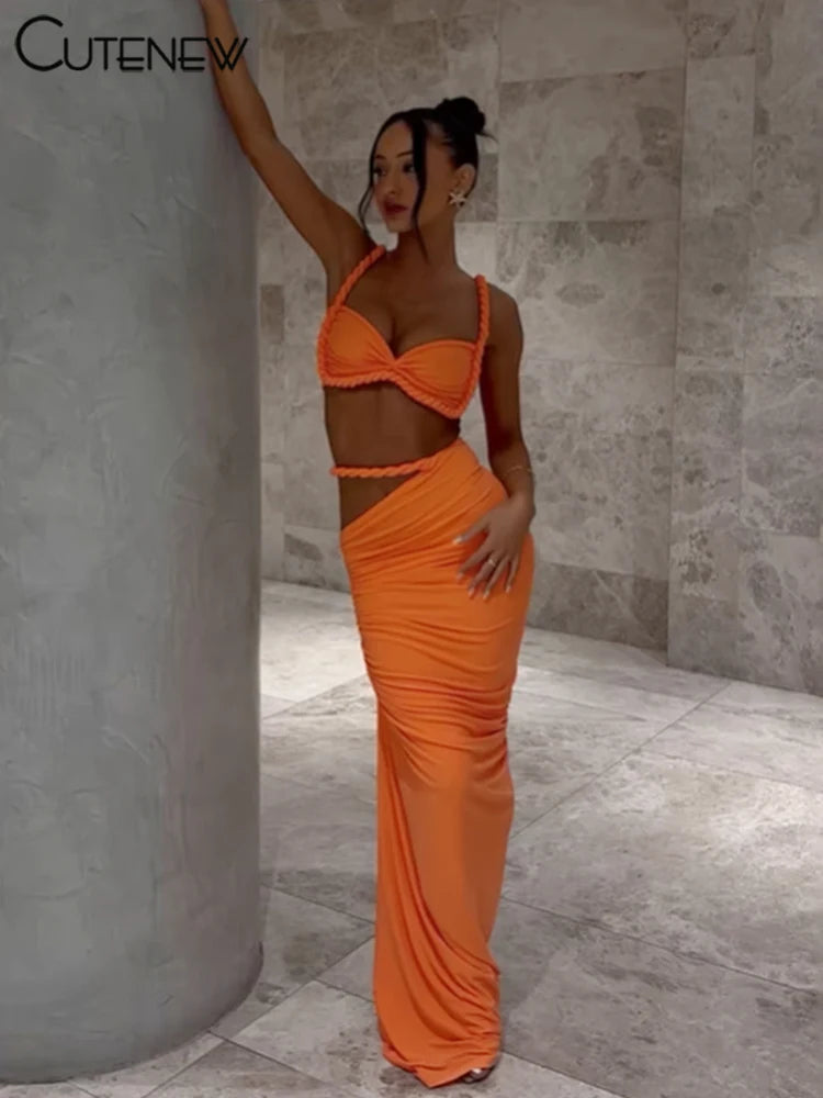 Cutenew Woven Matching Women 2 Piece Sexy Vacation Outfits Pleated Crop Camis+Shirring High Waist Maxi Skirts Solid Mujer Sets Quick Pick Grocers