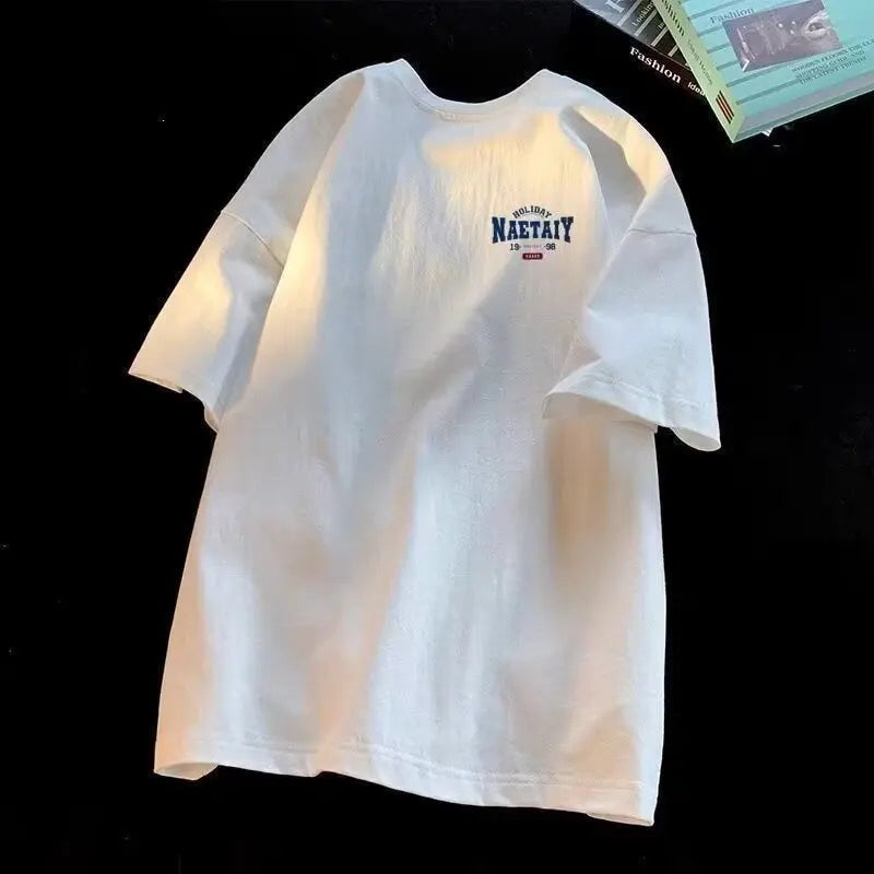 8XL Men Oversized Fashion Loose American Vintage Letter NAET Print Short Sleeve Round Neck Versatile Trend Couple outfit Quick Pick Grocers