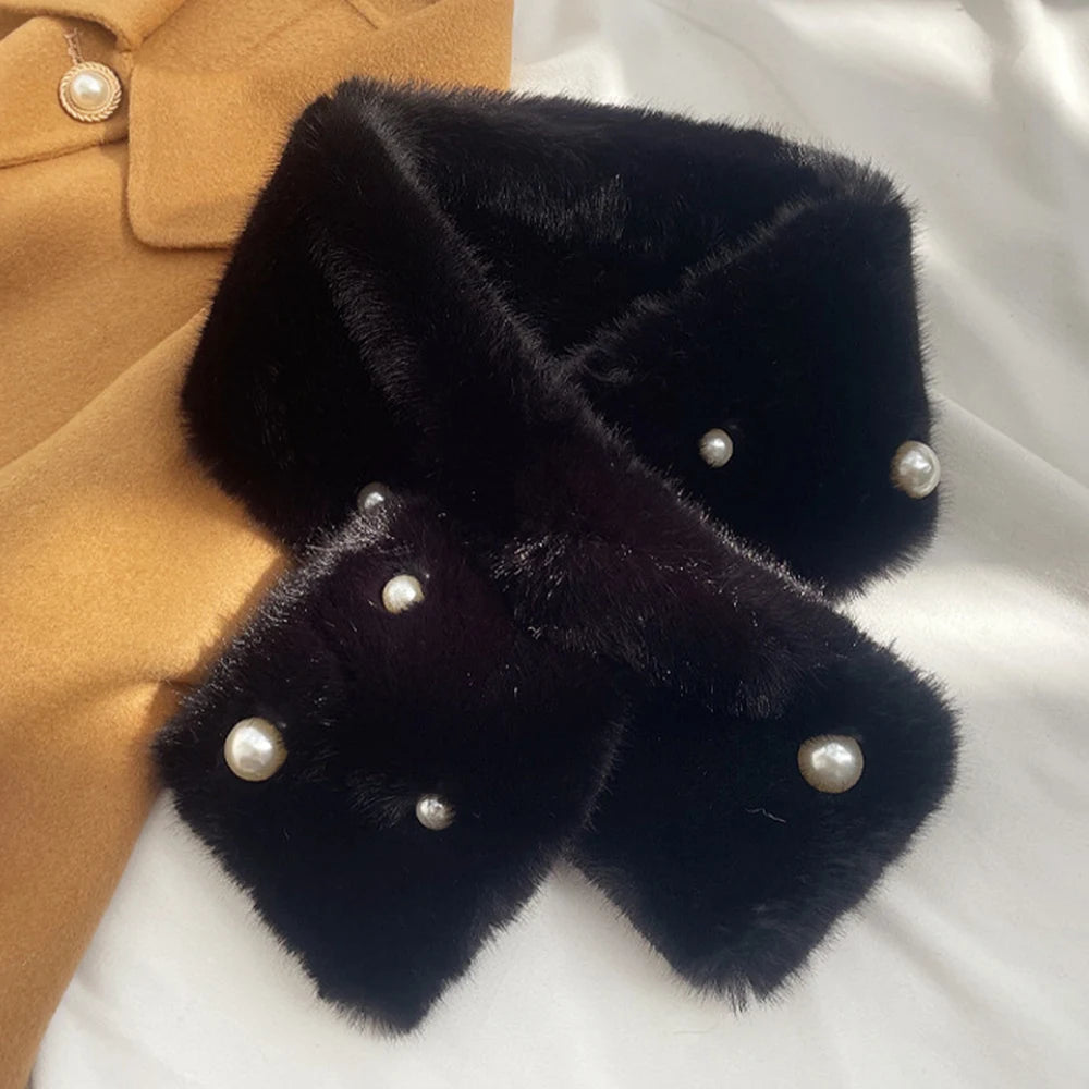 Women Winter Warm Thicken Cross Collar Scarf Solid Color Faux Rabbit Fur Cold Proof Scarves Fashion Soft Furry Neck Warmer Quick Pick Grocers