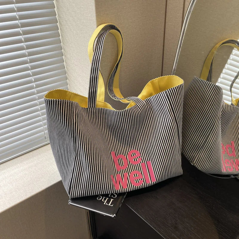 Casual Large Stripe Women's Shoulder Bag 2025 New Fashion Commuter Tote Bag High Capaci Canvas Handbag for Youth bolso mujer Quick Pick Grocers