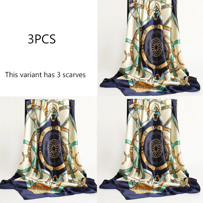 Handkerchiefs Hair Silk Scarf 90*90cm Print Satin Big Square Silk Scarves Shawls for Women Luxury Brand Designer Hijab Headband Quick Pick Grocers