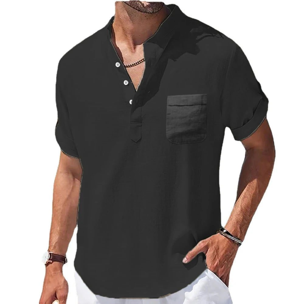 New Men's Casual Stand Up Collar Summer Solid Color Short Sleeve Linen Shirt Trendy Breathable Loose Youth Basic Pocket Top Quick Pick Grocers