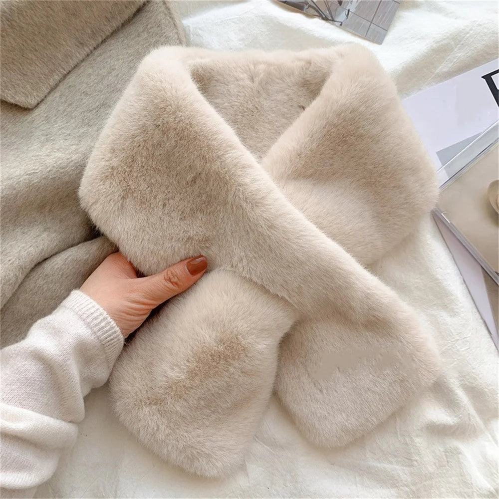 Women Winter Warm Thicken Cross Collar Scarf Solid Color Faux Rabbit Fur Cold Proof Scarves Fashion Soft Furry Neck Warmer Quick Pick Grocers