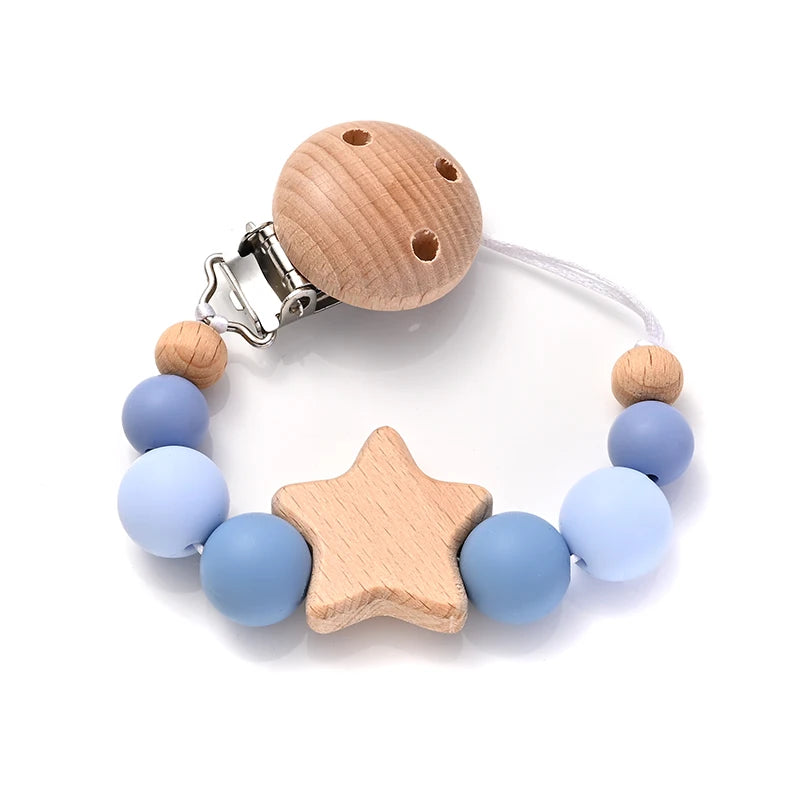 Baby Pacifier Chain Clips Wood Pentagram Teether Silicone Round Beads Teething Chain For Baby Care Soother Chew Toys Shower Gift Purest Peak