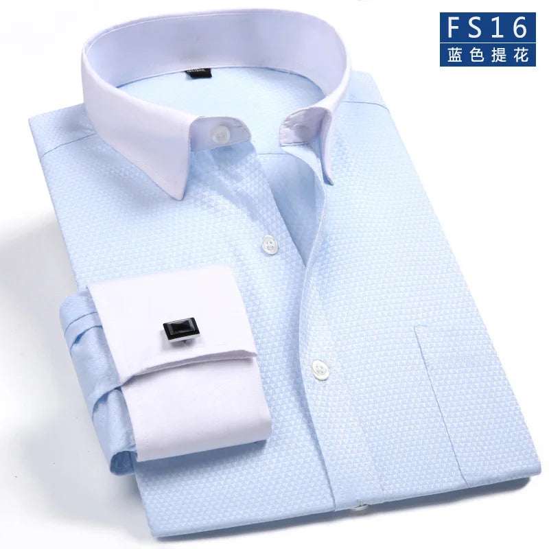 Men's Classic French Cuffs Social Dress Shirt Formal Business Standard-fit Long Sleeve Wedding Party Office Work White Shirts Quick Pick Grocers