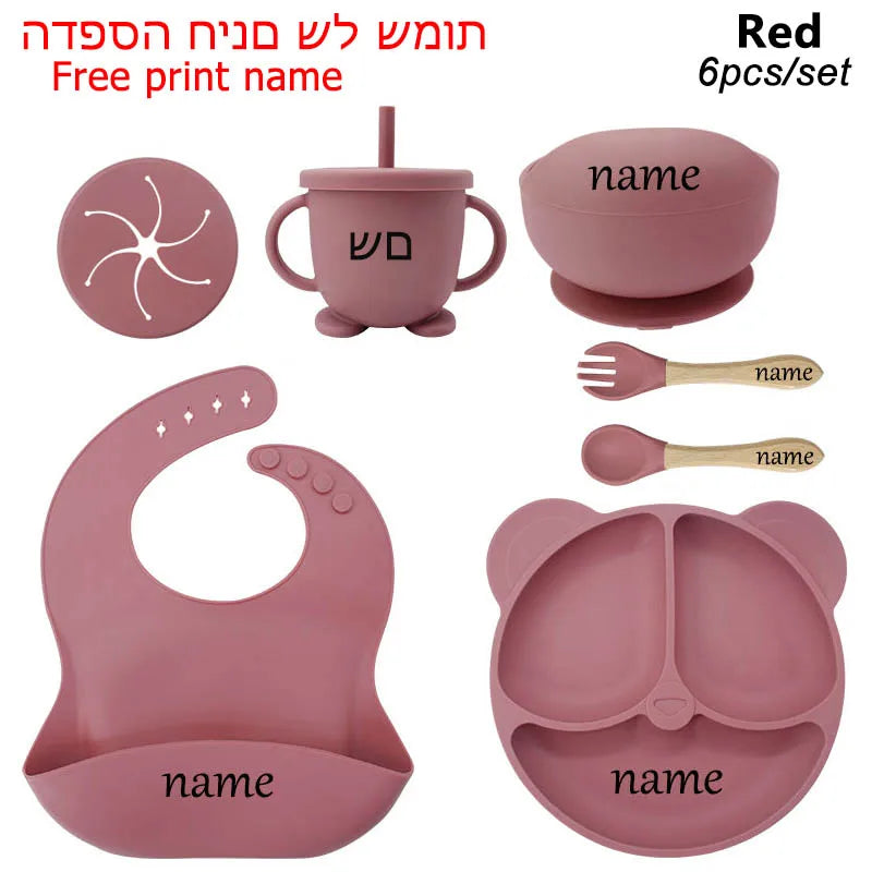 Baby Feeding Plate Sets Suction Bowl Silicone Plate For Kids 6Pcs Children Tableware Personalized Name Dinner Dishes Cups Spoon Purest Peak