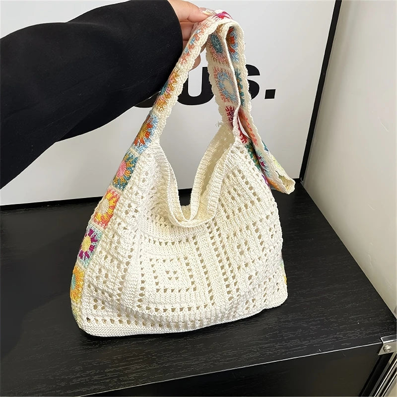 Women's Boho Crochet Bag Designer Flowers Knitted Handbags Large Capacity Summer Beach Woven Shoulder Bag Girls Tote Shopper Bag Quick Pick Grocers