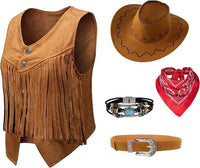 Women Men Cowgirl Costume Western Vest Hat Belt Bandana Set for Cowboy Tassels Fringe Vest Halloween Outfits Wild West Cosplay Quick Pick Grocers