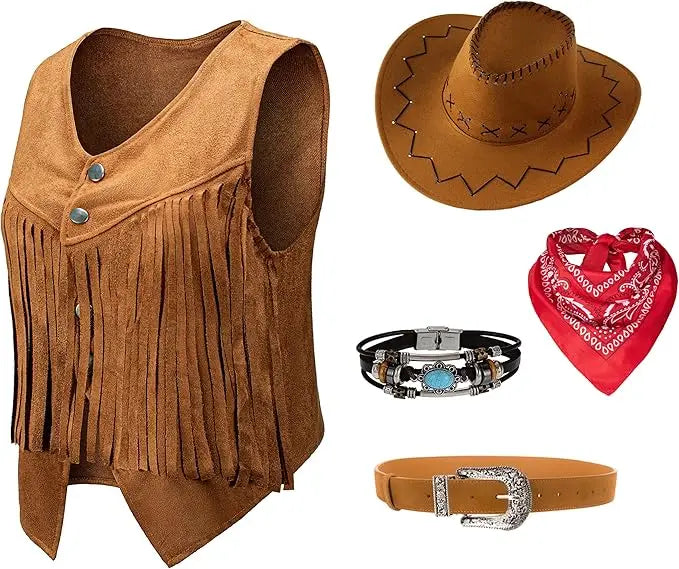 Women Men Cowgirl Costume Western Vest Hat Belt Bandana Set for Cowboy Tassels Fringe Vest Halloween Outfits Wild West Cosplay Quick Pick Grocers