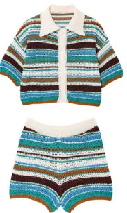 Women Patchwork Striped Hollow Out Crochet Knitted Crop Sweater Shorts Set Short Sleeve Polo Collar Sweater Knit Shorts Suit Y2K Quick Pick Grocers