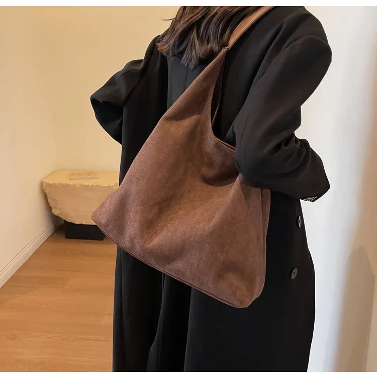 Autumn and Winter Vintage Women's Bag Large Capacity Suede Shoulder Bag Solid Color Simple Casual Commuter Bag Retro Handbags Quick Pick Grocers