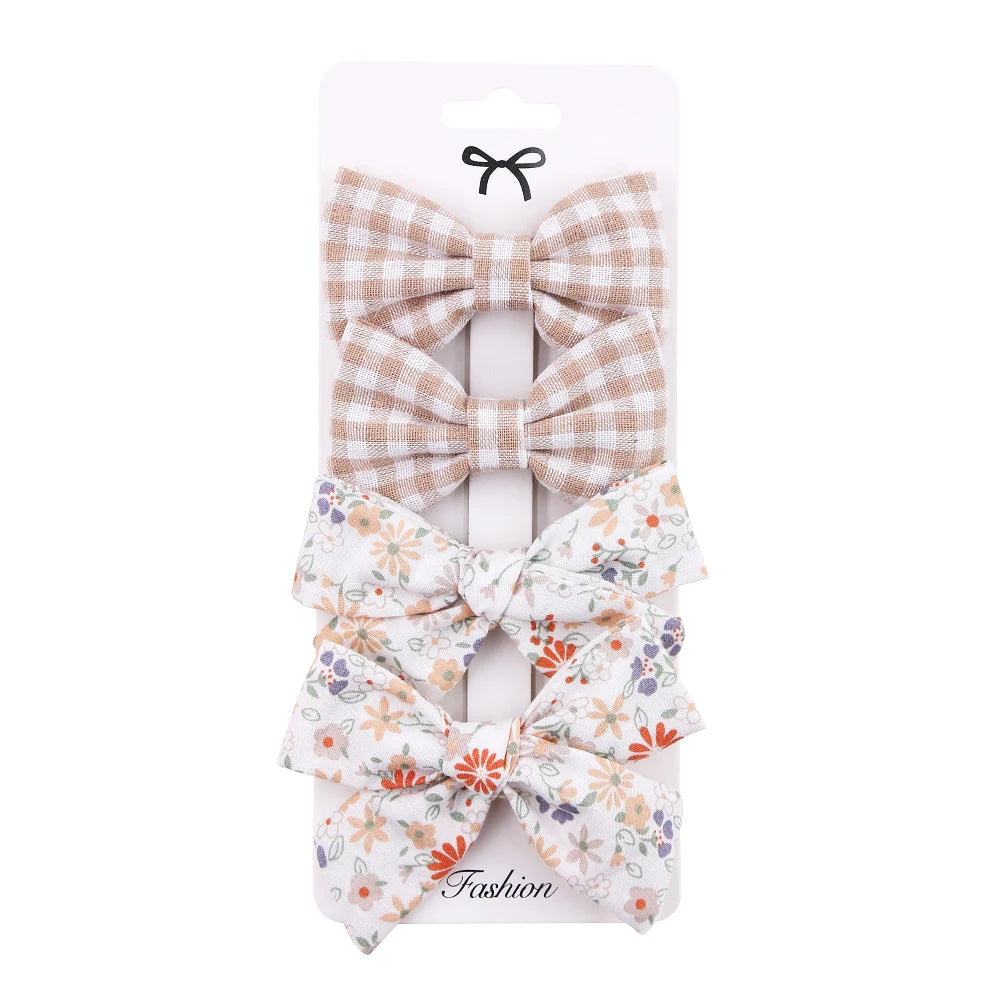 4Pcs/Set Baby Bows Hair Clips Muslin Girls Hairpins Hairclip For Kids Cotton Linen Barrette Flower Print Side Pin  Accessories Purest Peak