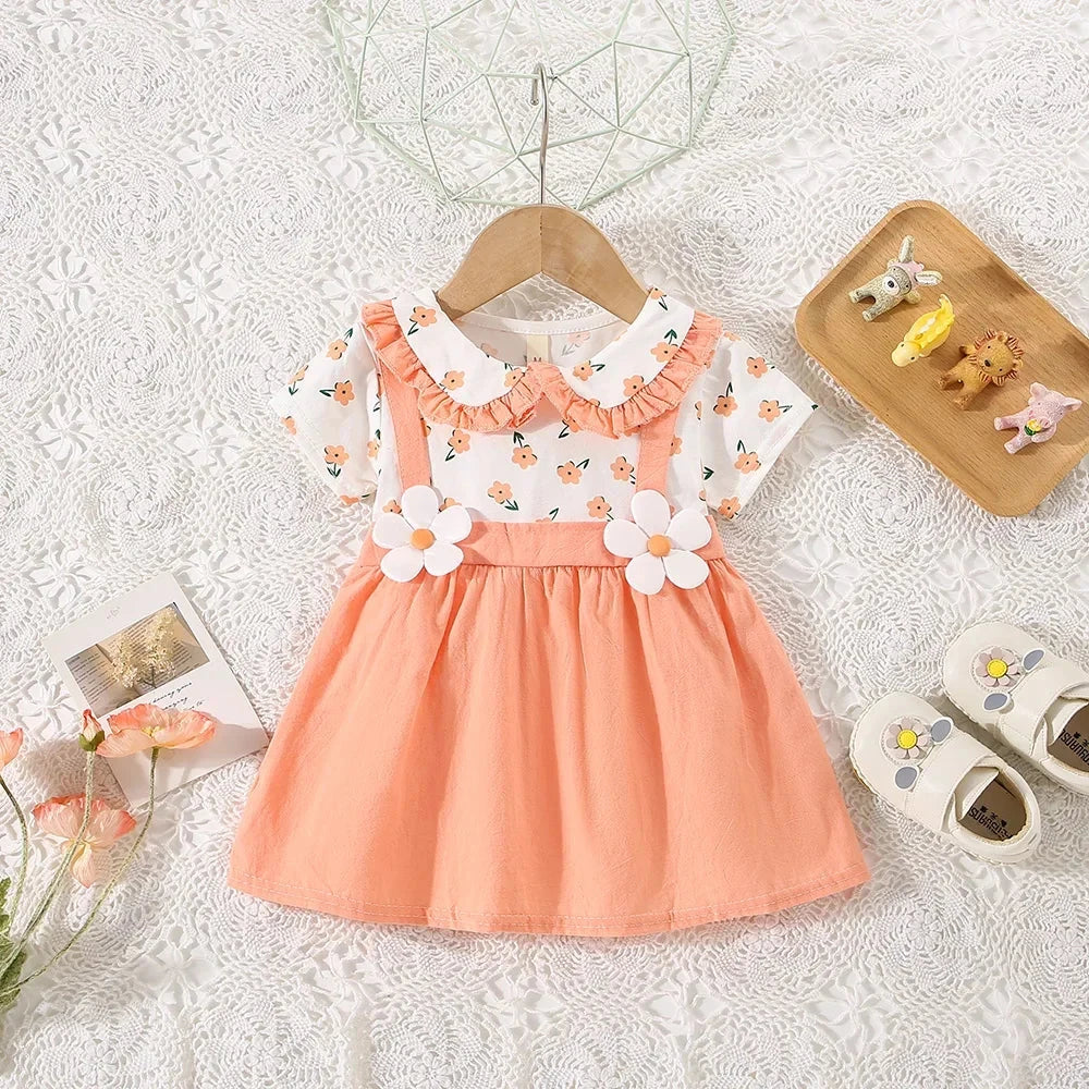 (0-3 Years Old) Summer Baby Girl Cotton Flower Fake Two-Piece Shoulder Strap Dress Girl Cute Short Sleeved Dress Econic Blanks