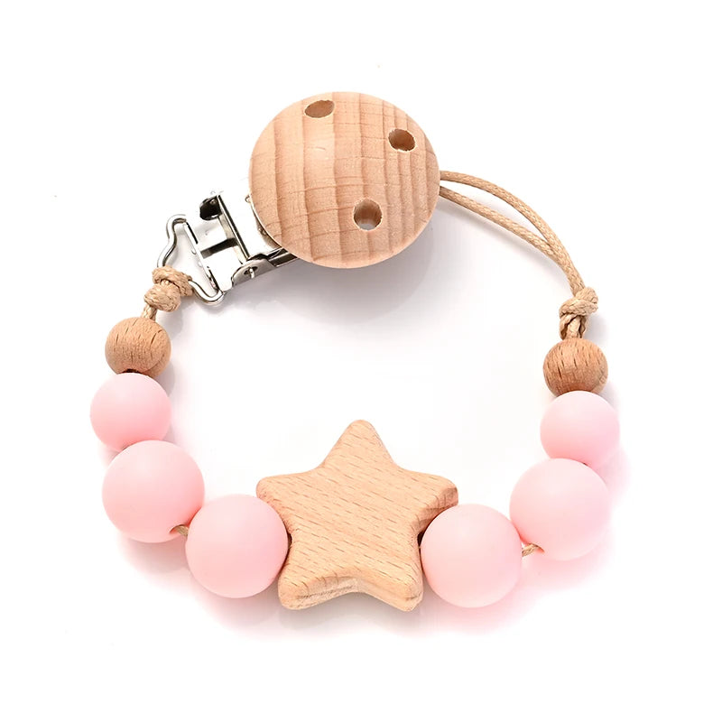 Baby Pacifier Chain Clips Wood Pentagram Teether Silicone Round Beads Teething Chain For Baby Care Soother Chew Toys Shower Gift Purest Peak