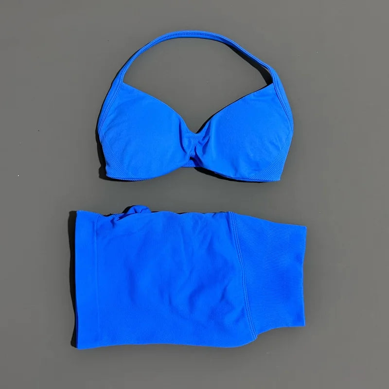HISTELLO Gym Set 2 Piece Women Strappy Yoga Bra Top Workout Scrunch Shorts Sports Suit Fitness Clothes Seamless Yoga Set Quick Pick Grocers