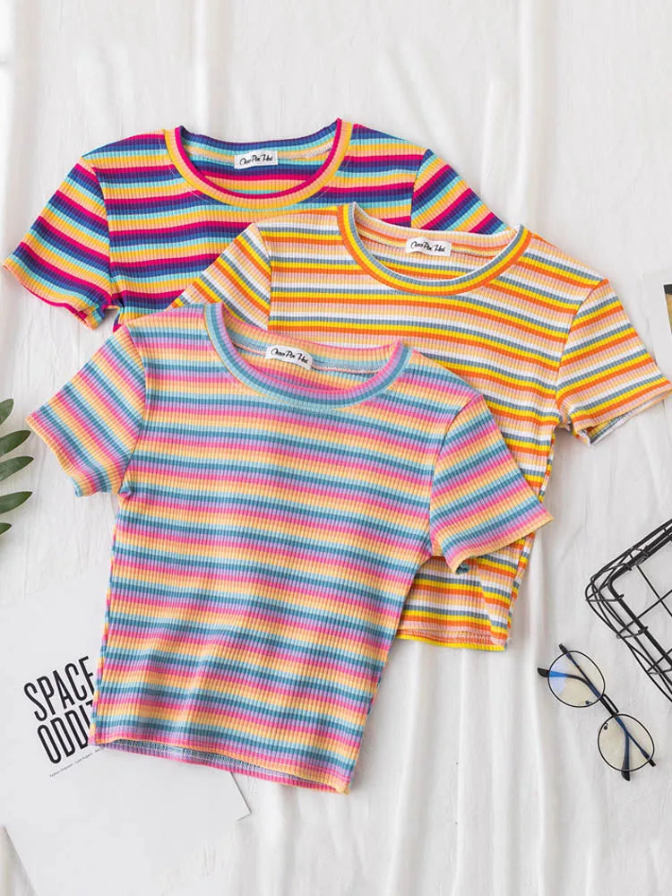 New T Shirt Women Rainbow Striped Tops Slim Fit t shirt Harajuku Tshirt Summer Short Sleeve Korean T-shirt feminina Clothes Tops Quick Pick Grocers