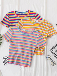 New T Shirt Women Rainbow Striped Tops Slim Fit t shirt Harajuku Tshirt Summer Short Sleeve Korean T-shirt feminina Clothes Tops Quick Pick Grocers