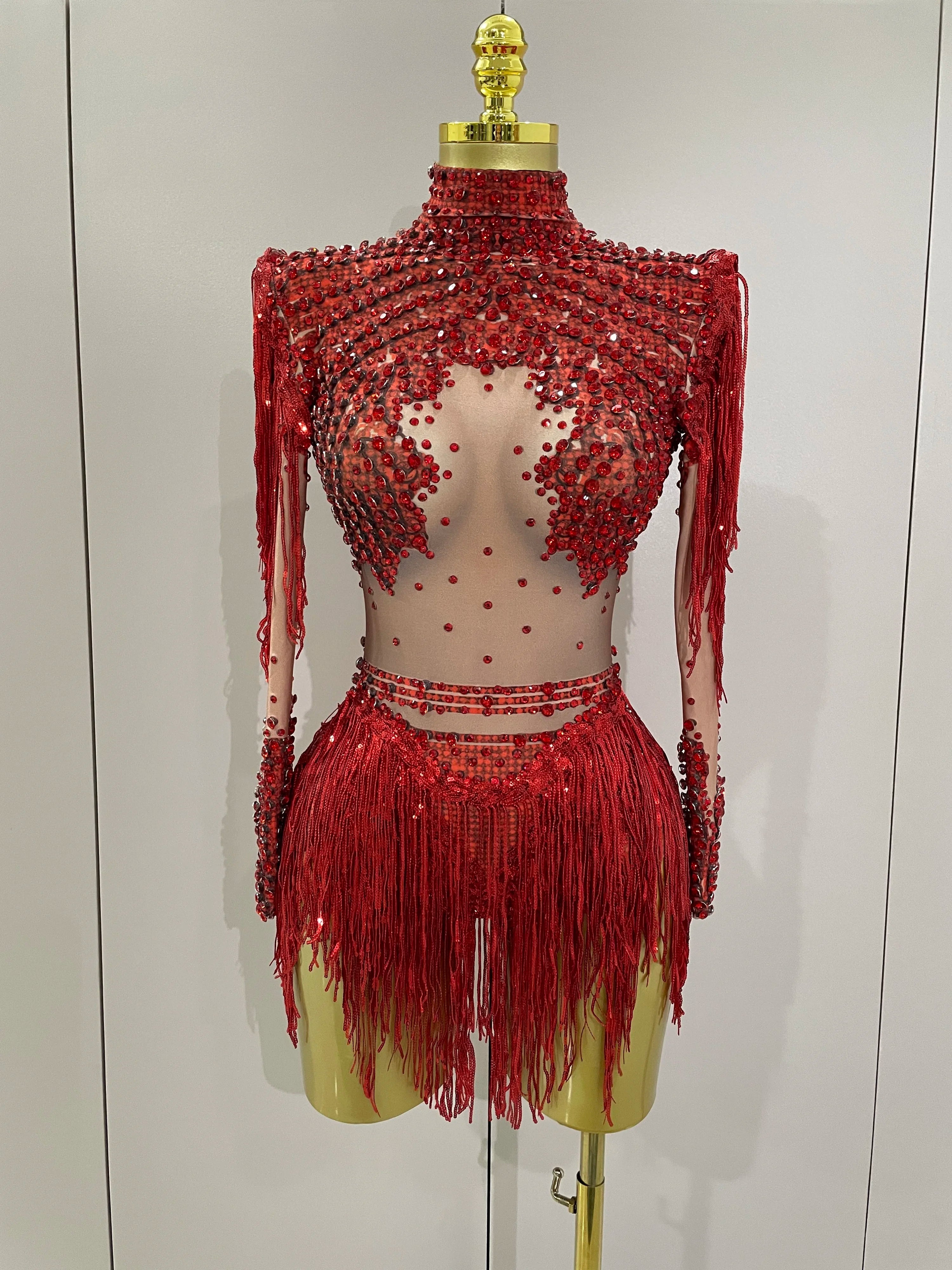 Women Sparkly Rhinestone Sequin Tassel Stretch Bodysuits 2025 New Arrival Birthday Party Nightclub Dj Stage Performance Costume Quick Pick Grocers