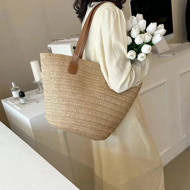 Women's Large Capacity Shoulder Bag Summer Straw Woven Basket Handbag Fashion Female Luxury Designer Beach Bag Bali Shopper Tote Econic Blanks