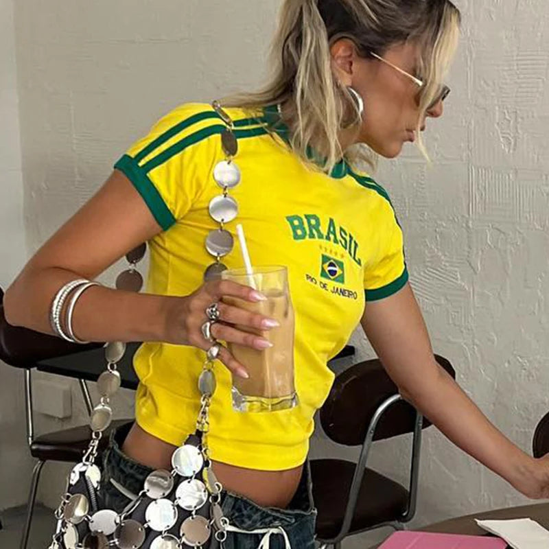 2023 Summer T-shirt For Women Brazil Letter Aesthetic 90's Crop Tops Casual Short Sleeve Tee Kpop Streetwear Vintage Y2k Clothes Quick Pick Grocers