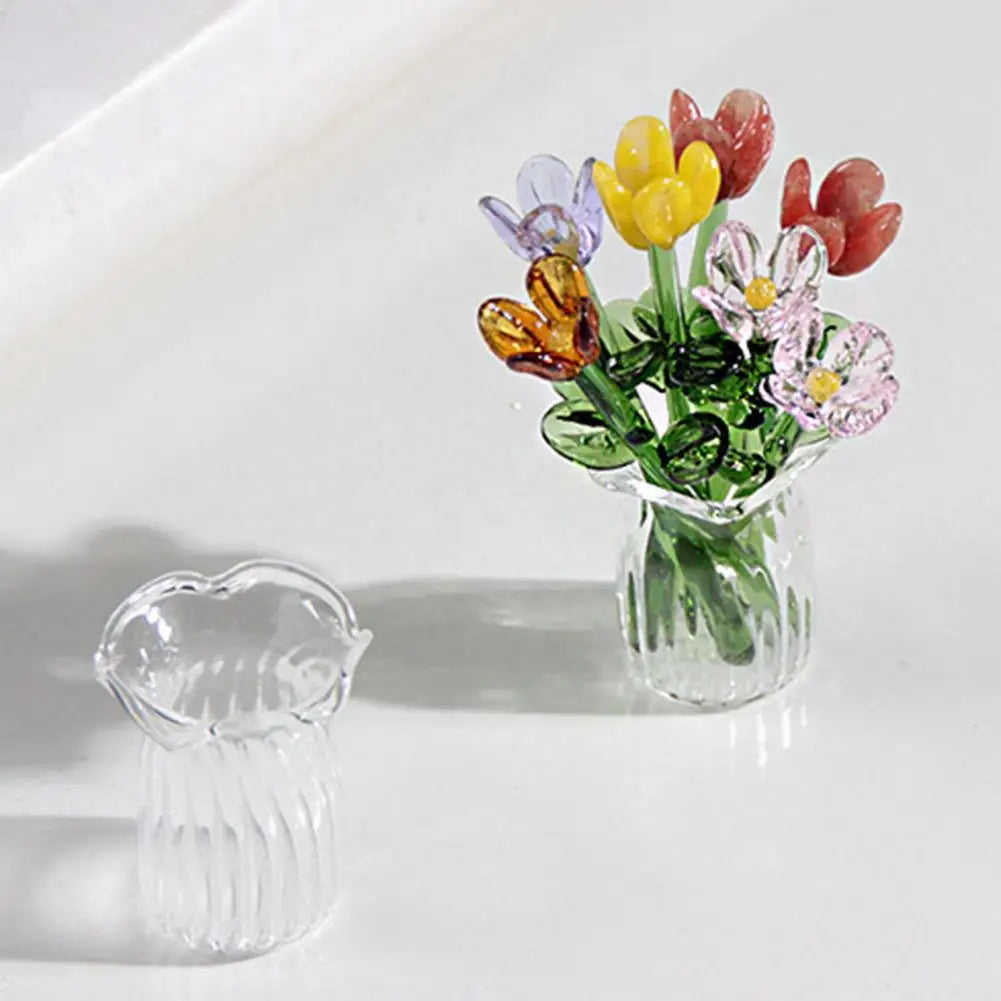 Glass Flower Decor Handcrafted Floral Sculpture Hand-blown Glass Flower Bouquet with Vase Mini Floral Decoration for Home Room Quick Pick Grocers
