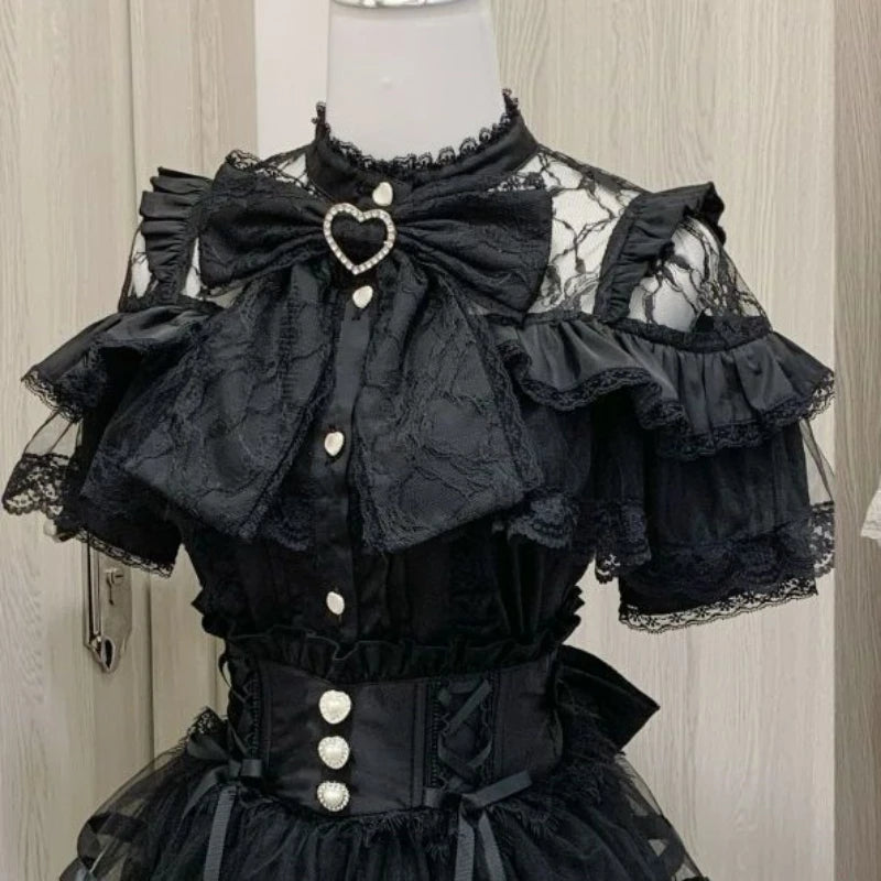 Japanese Kawaii Lolita Lace Patchwork Blouses Summer Women Harajuku Single Breasted Sweet Shirts Cute Girly JK Bow Tops Blusas Quick Pick Grocers