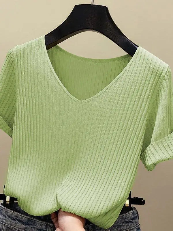 AOSSVIAO 2026 Basic V-neck Solid Thin Summer Women Pullover Female Thin Knitted Ribbed Sweater Slim Short Sleeve Bodycon Sweater Quick Pick Grocers