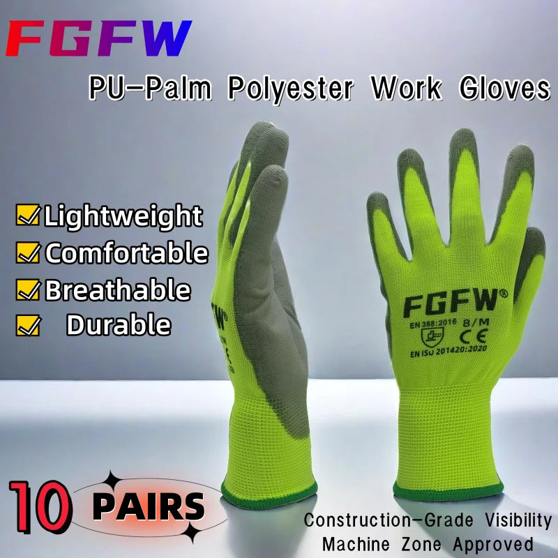 10 Pairs PU Coated Work Gloves - Lightweight, Durable Safety Gloves EN 388/ISO20471 Certified, Sizes S/M/L/XL Quick Pick Grocers