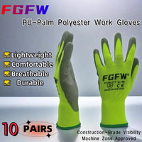 10 Pairs PU Coated Work Gloves - Lightweight, Durable Safety Gloves EN 388/ISO20471 Certified, Sizes S/M/L/XL Quick Pick Grocers