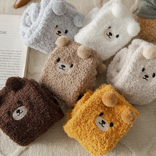 2 Pairs Cute Socks Bear Women Coral Velvet Thick Plush Warm Socks Sleep Fluffy Socks Cute Cartoon Lovely Floor Fuzzy Sock Winter Purest Peak